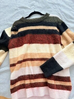 Acne Multicolor Striped Crewneck Sweater in Pink, Peach, Cream & Olive